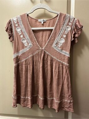 ivy may Dusty Pink Romantic, Cottagecore Embroidered V-Neck Women's Top